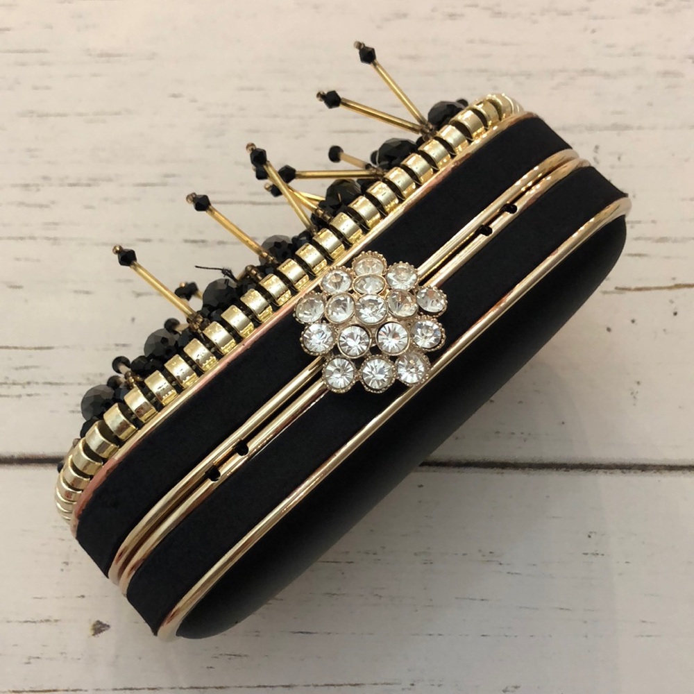 BEBE Beaded Fringe Minaudiere Clutch